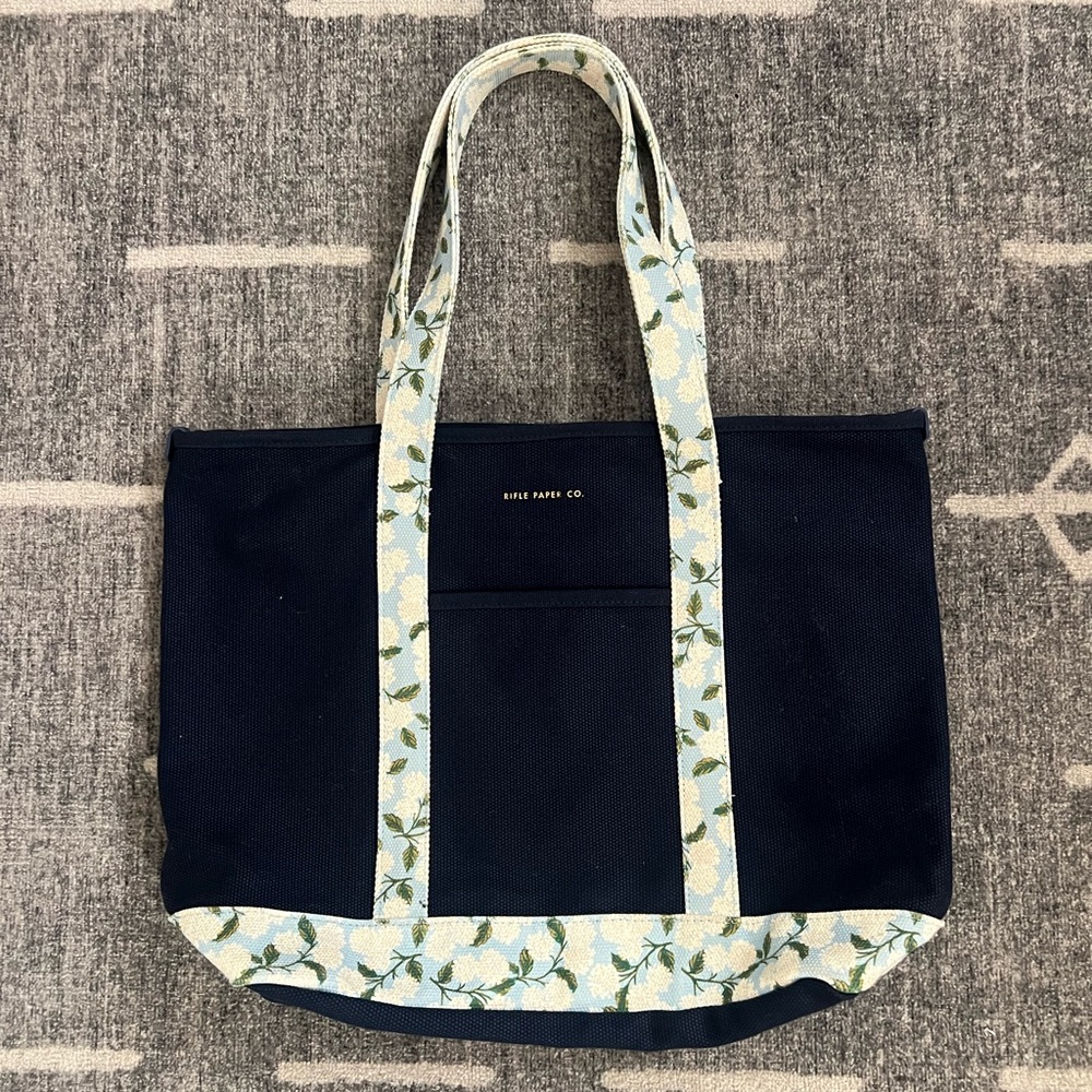 Rifle Paper Co. Navy Canvas Tote with Light Floral Trim